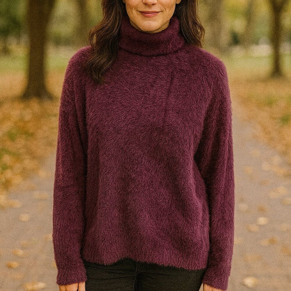 Halogen Fuzzy Mock Neck Sweater Size L – Plum Purple Cozy Luxe Knit Pullover